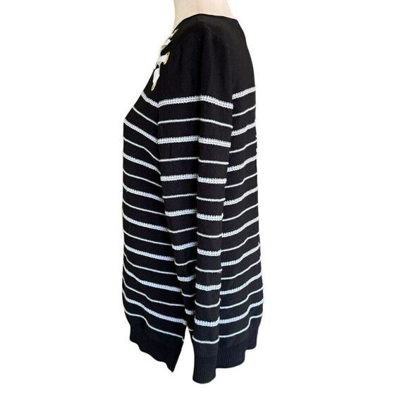 Ming Wang Women's Sweater Black White Stripes Lace Detail Petite Small - Picture 2 of 9